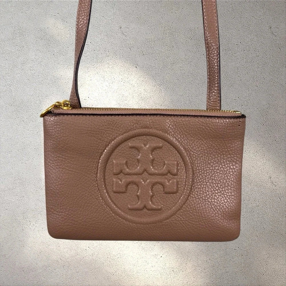 Tory Burch Perry Bombe Double Zip Brown Leather Crossbody Purse Bag